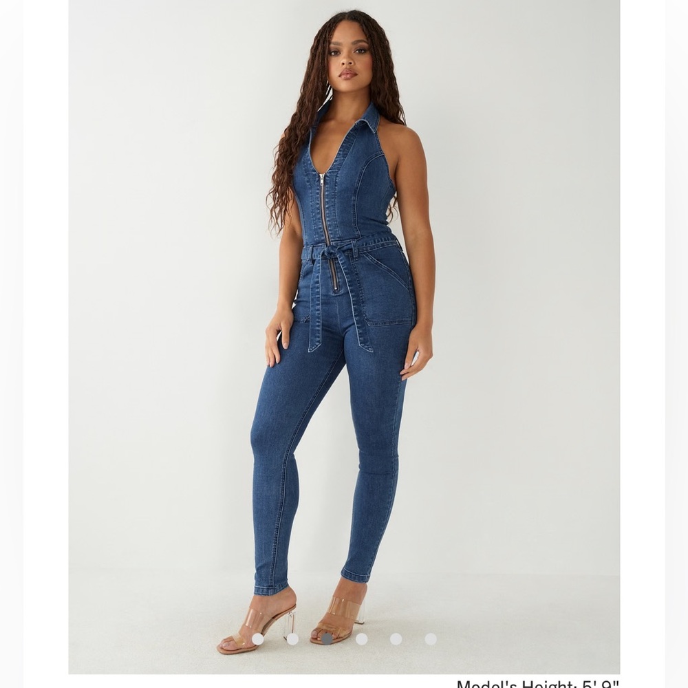 New True Religion Denim Jumpsuit NWT XL BRAND NEW Halter Zip Up Sexy Stretch